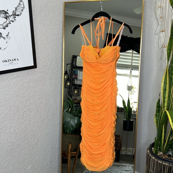 HOUSE OF CB 'Tibi' Tangerine Cutout Ruched Midi Dress - Picture 9 of 12